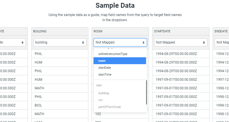 Screen showing the drop down list of target column names, and a source column name being associated with a target column.